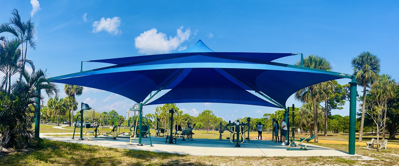 Double Layer Sun Shade Sails over Fitness Park - Aquatic Blue | Industrial Shadeports